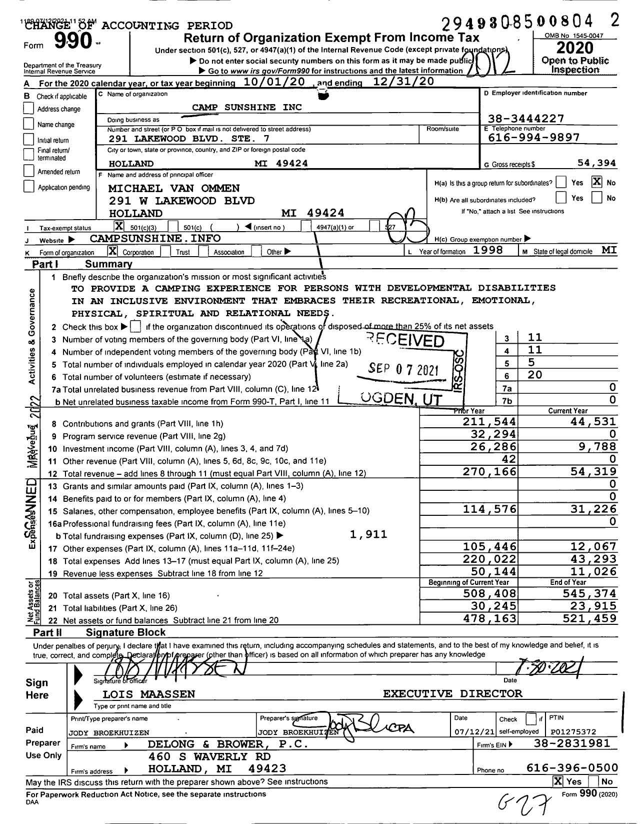 Image of first page of 2020 Form 990 for Camp Sunshine