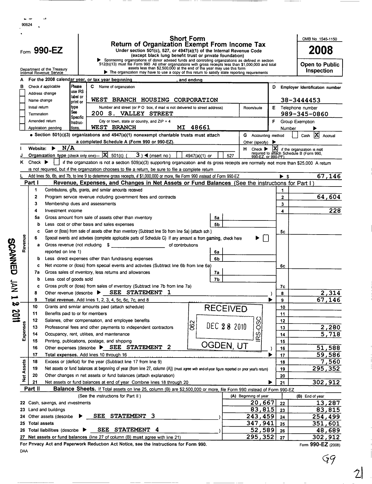 Image of first page of 2008 Form 990EZ for West Branch Housing Corporation