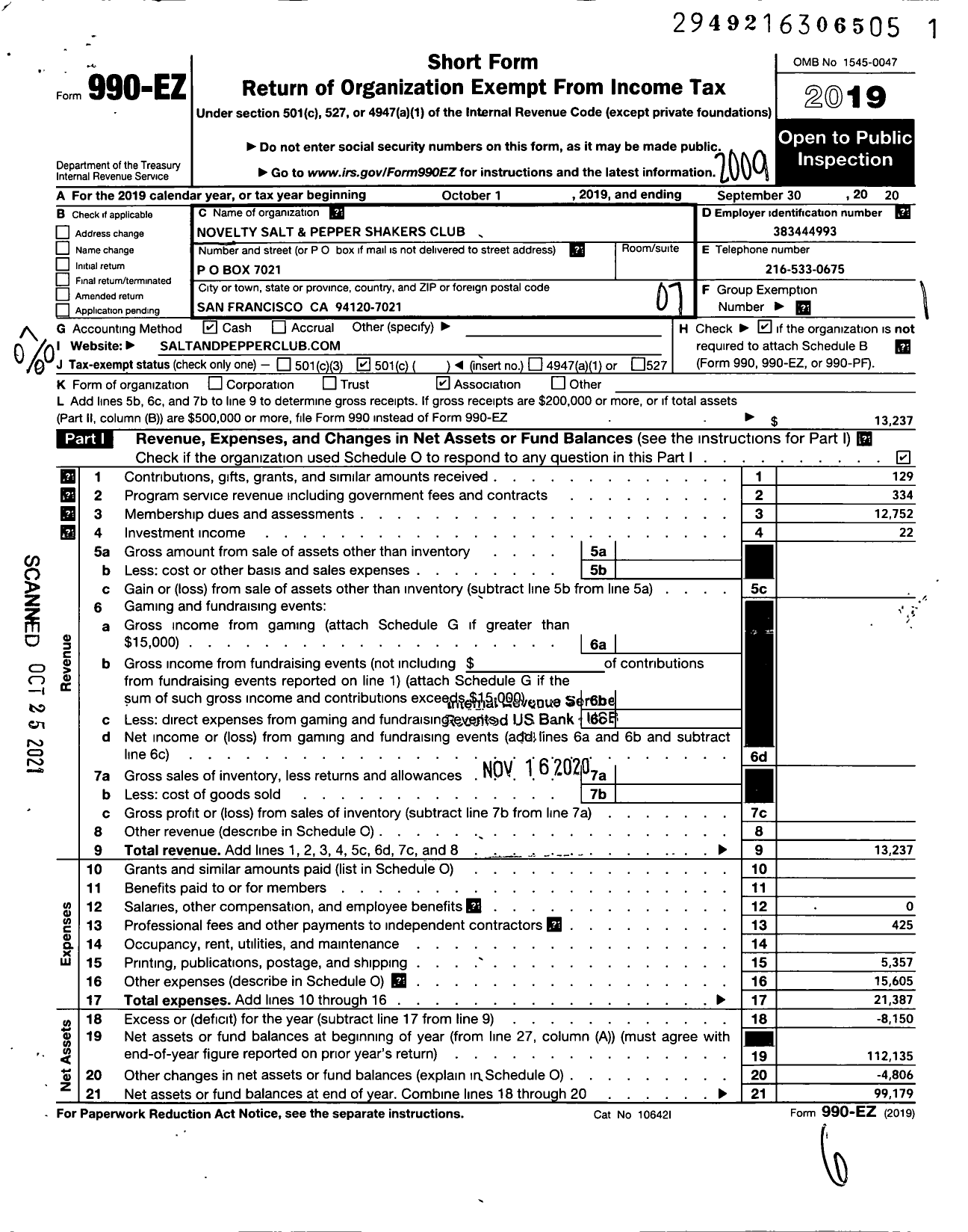 Image of first page of 2019 Form 990EO for Novelty Salt and Pepper Shakers Club