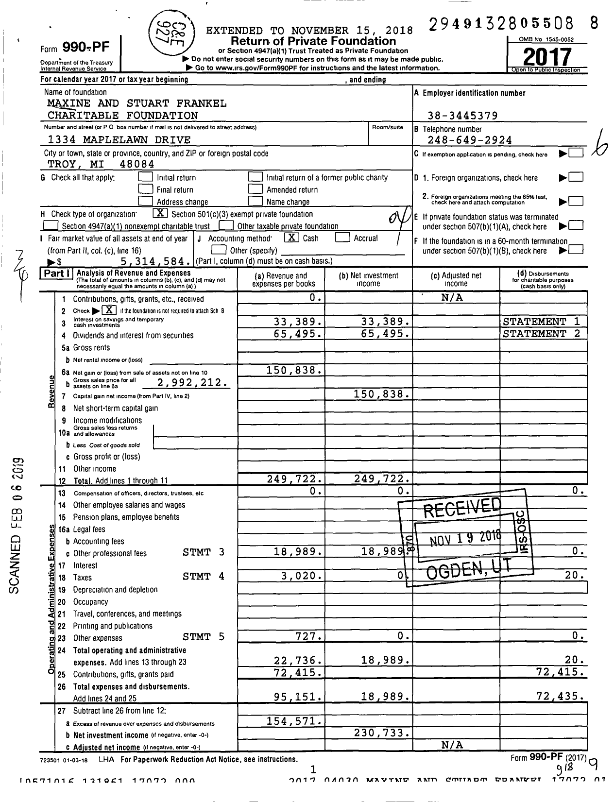 Image of first page of 2017 Form 990PF for Maxine and Stuart Frankel Charitable Foundation