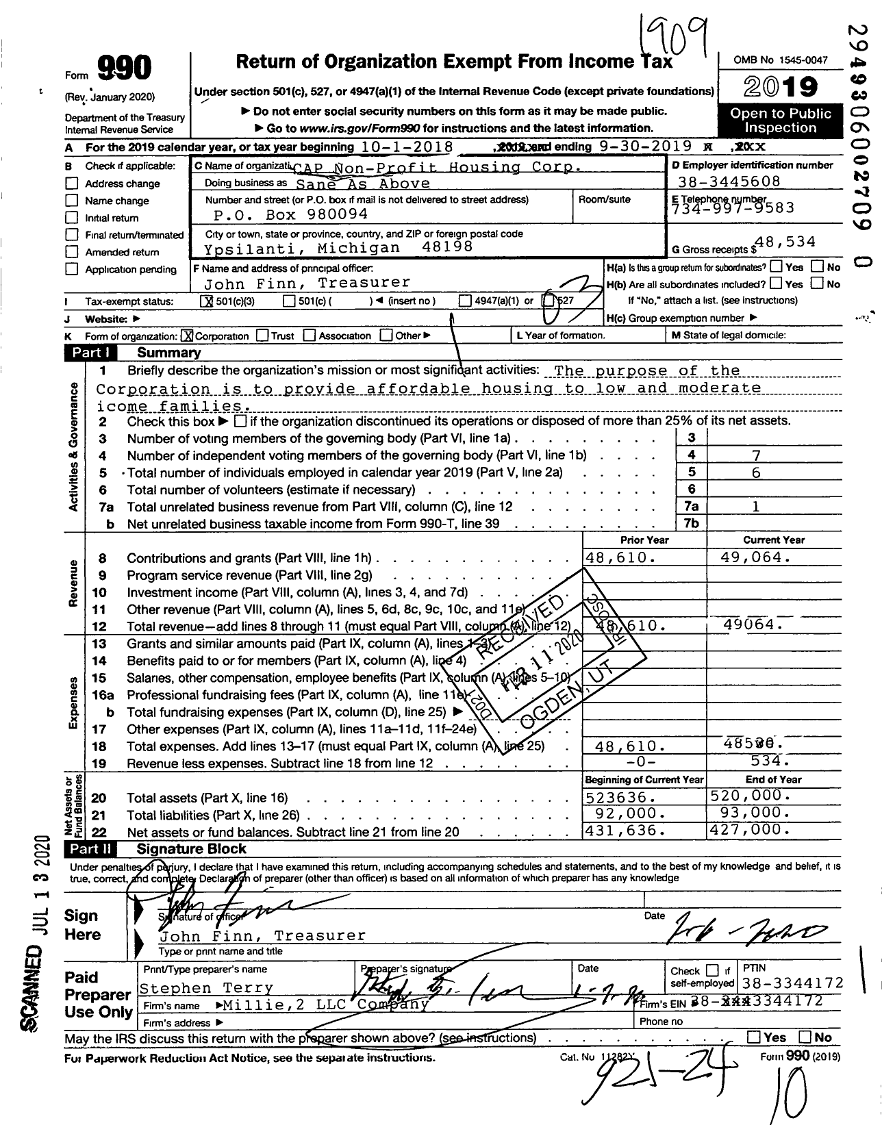 Image of first page of 2018 Form 990 for Cap Non-Profit Housing Corporation