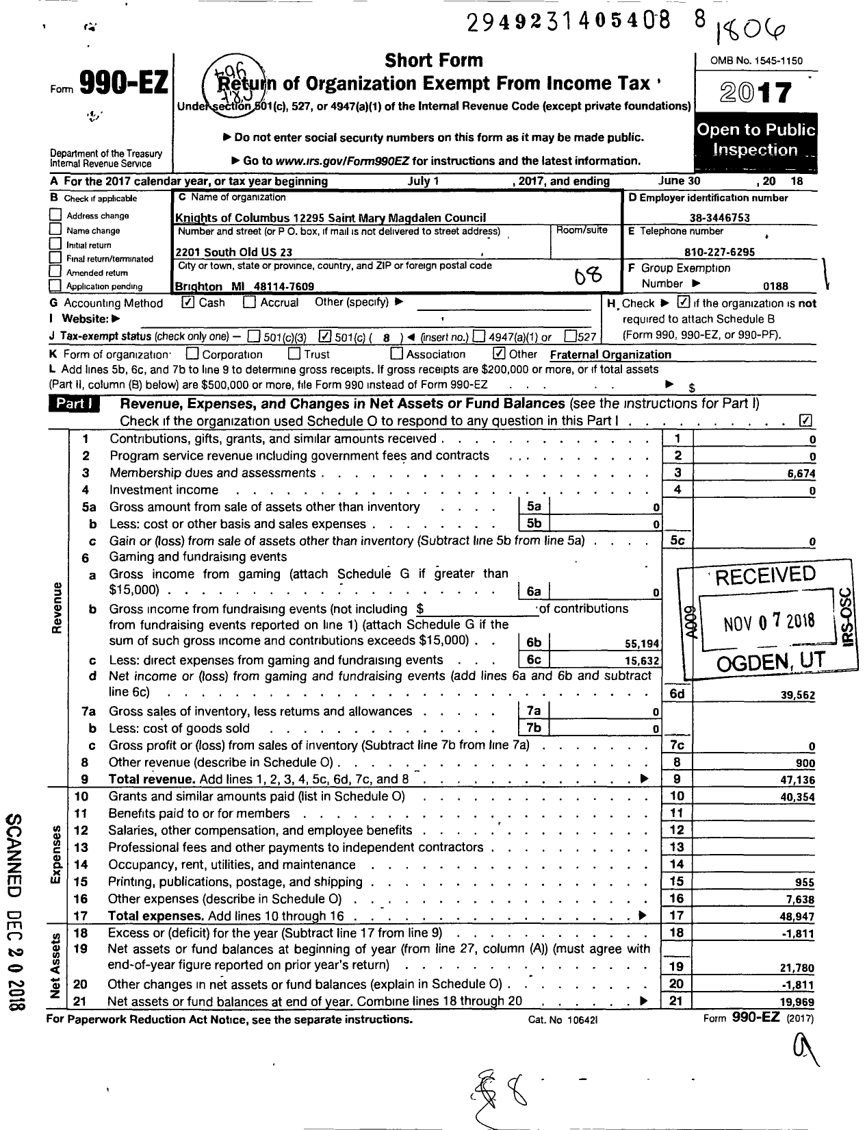 Image of first page of 2017 Form 990EO for Knights of Columbus - 12295 Saint Mary Magdalen Council