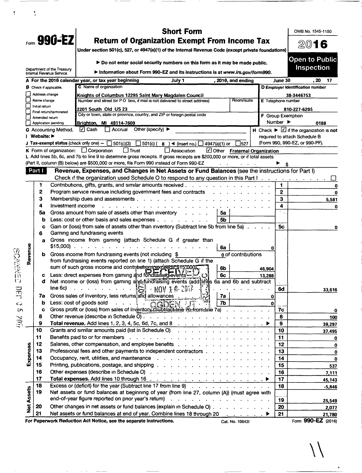 Image of first page of 2016 Form 990EO for Knights of Columbus - 12295 Saint Mary Magdalen Council