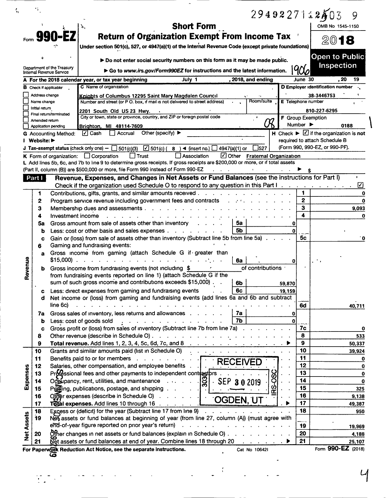 Image of first page of 2018 Form 990EO for Knights of Columbus - 12295 Saint Mary Magdalen Council