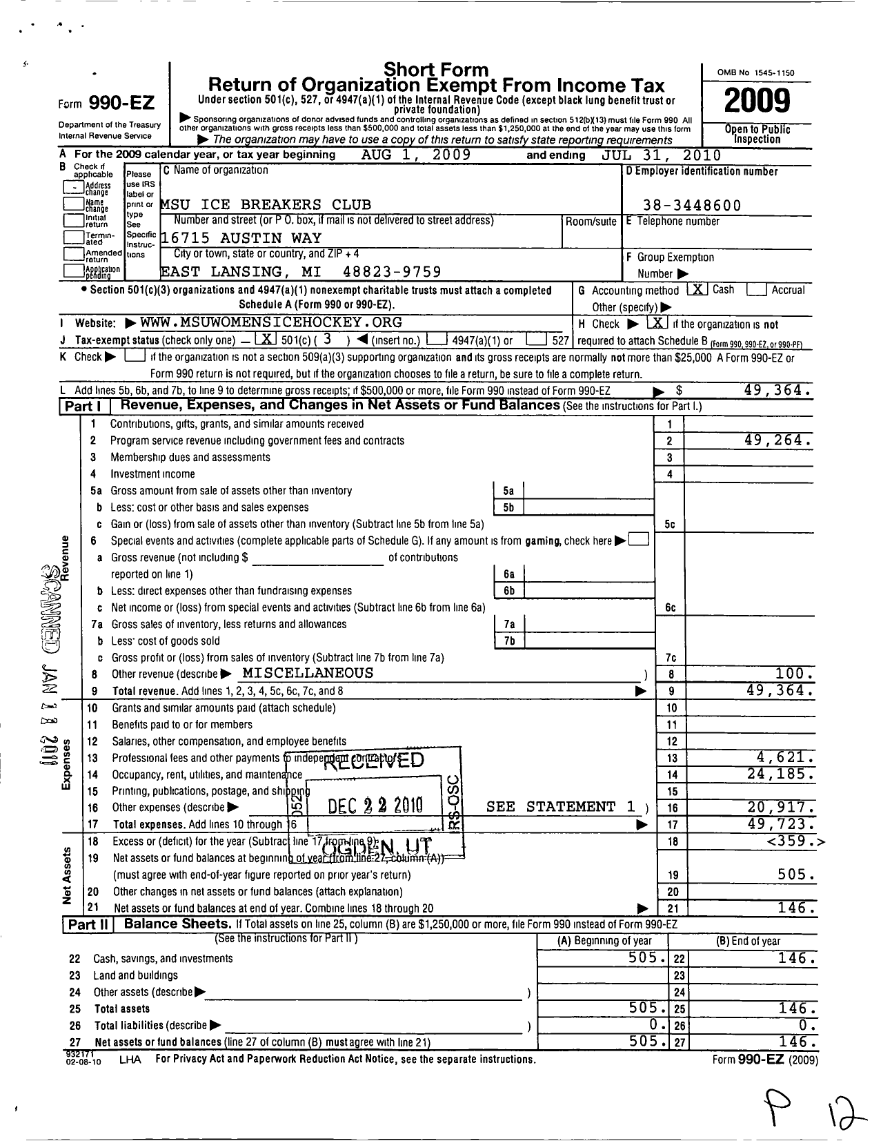 Image of first page of 2009 Form 990EZ for Msu Ice Breakers Club