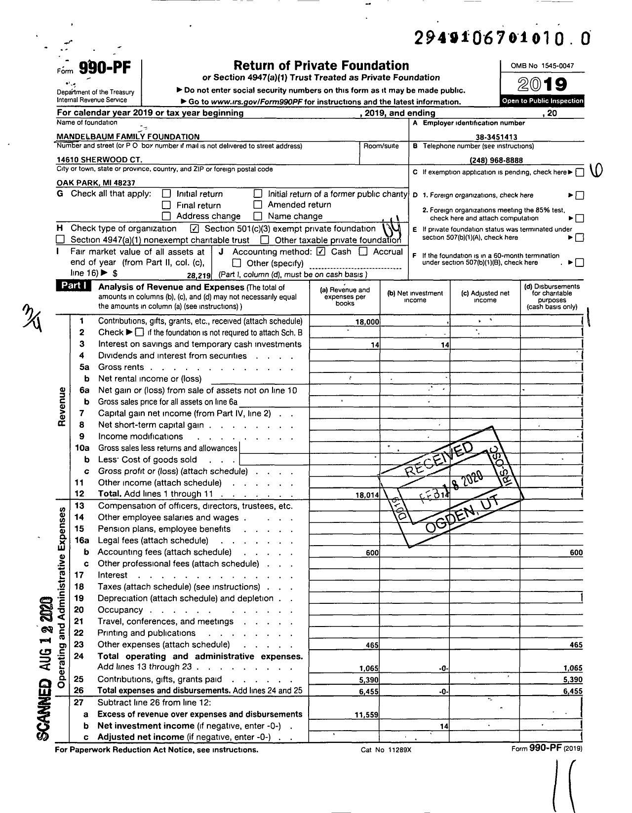 Image of first page of 2019 Form 990PR for Mandelbaum Family Foundation