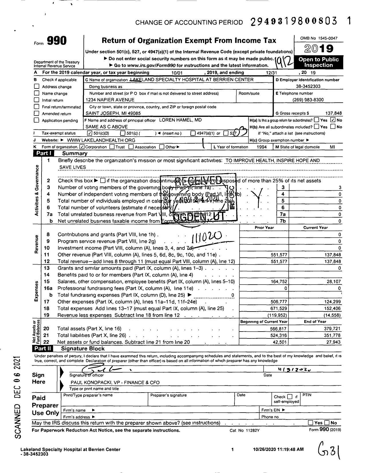 Image of first page of 2019 Form 990 for Lakeland Specialty Hospital at Berrien Center