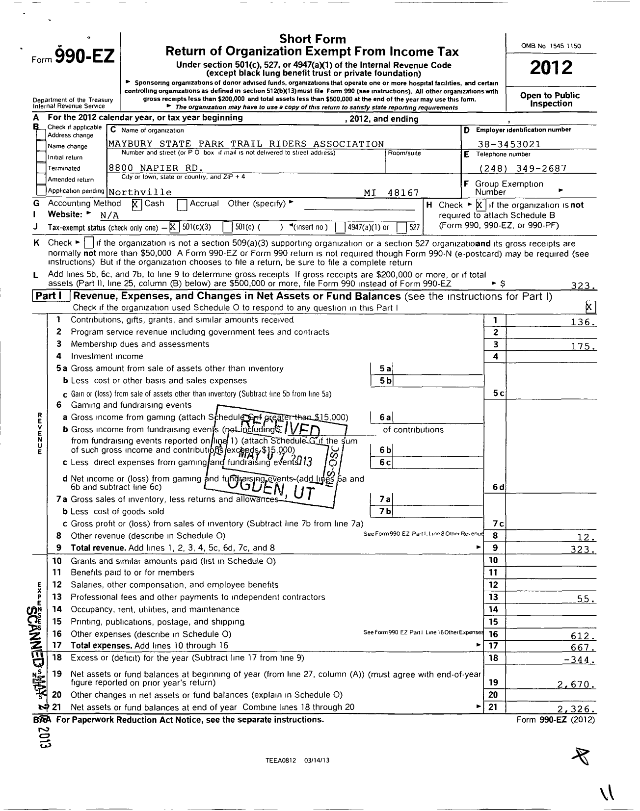 Image of first page of 2012 Form 990EZ for Maybury State Park Trail Riders Association