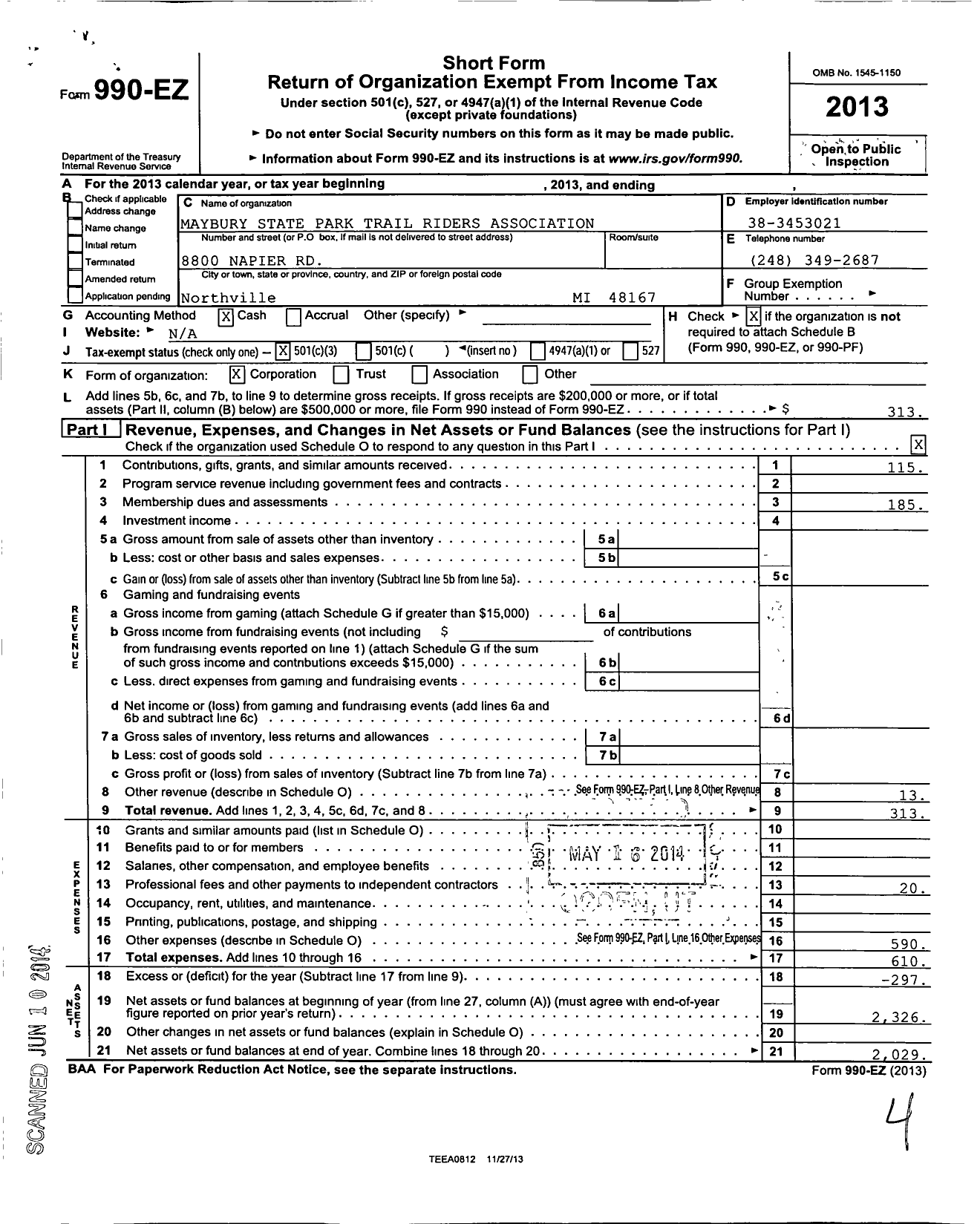 Image of first page of 2013 Form 990EZ for Maybury State Park Trail Riders Association