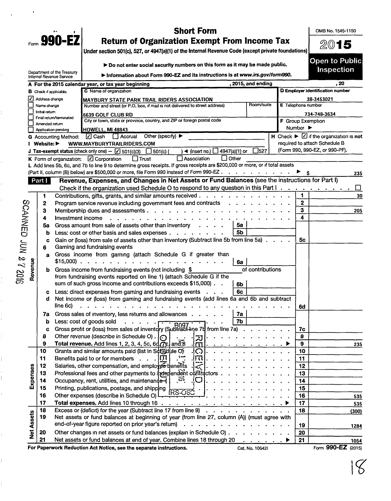 Image of first page of 2015 Form 990EZ for Maybury State Park Trail Riders Association