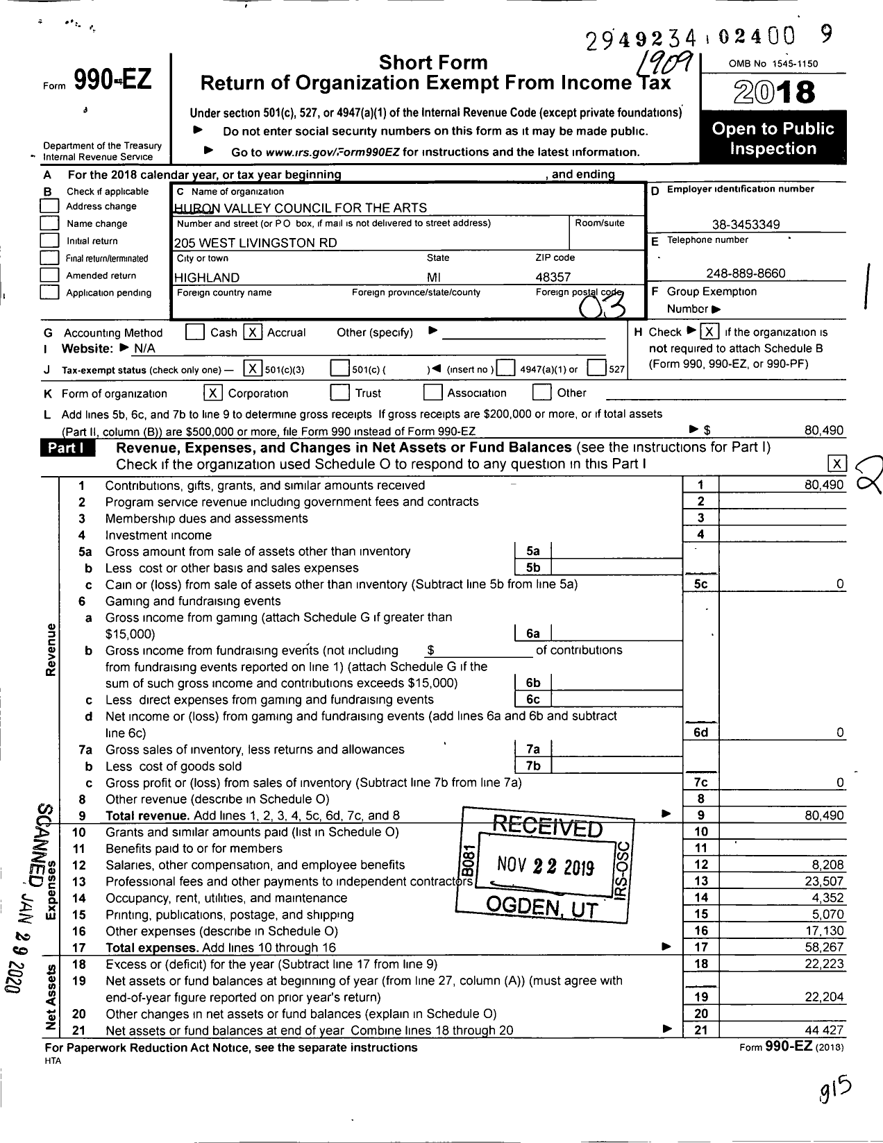 Image of first page of 2018 Form 990EZ for Huron Valley Council for the Arts