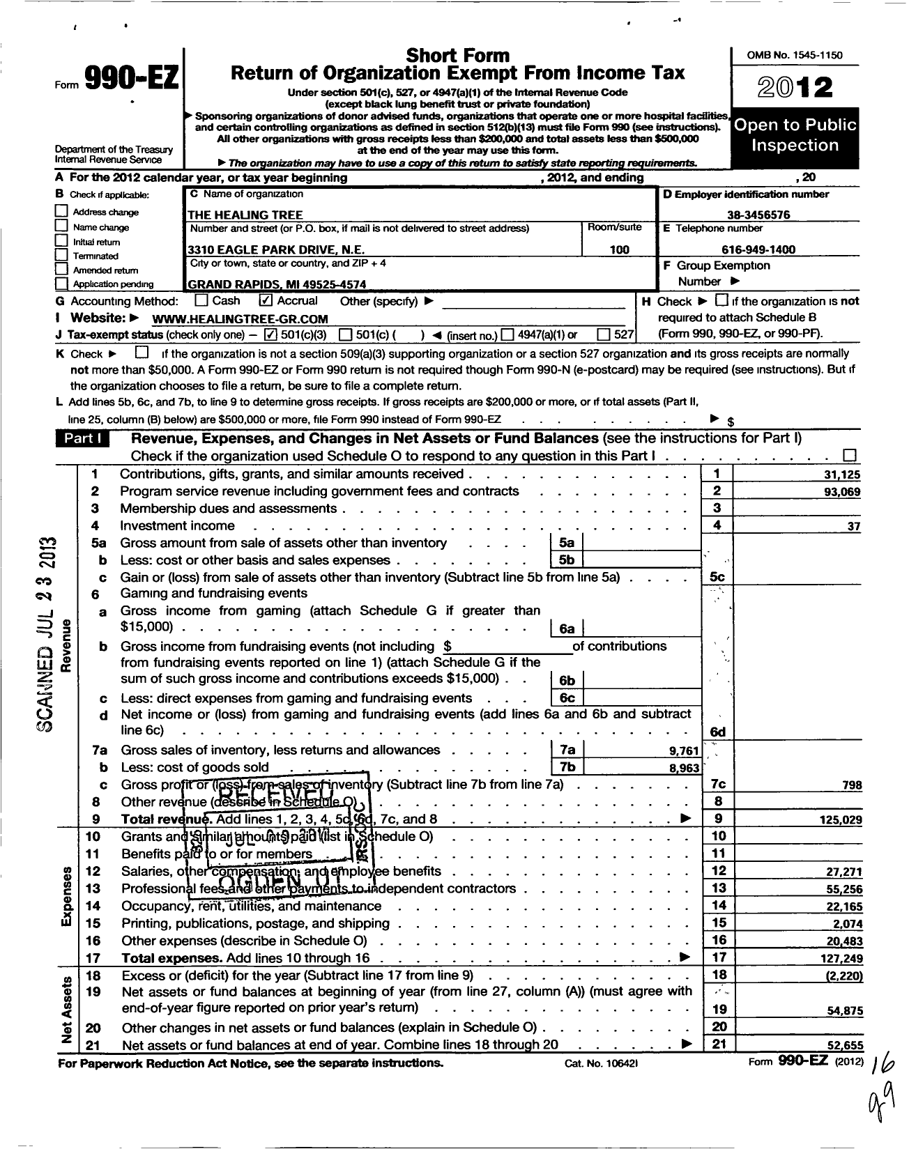 Image of first page of 2012 Form 990EZ for Healing Tree