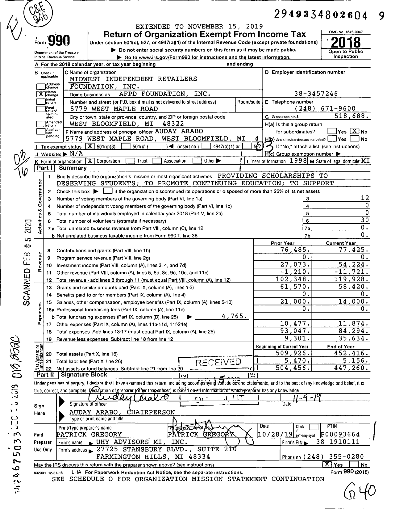 Image of first page of 2018 Form 990 for AFPD Foundation