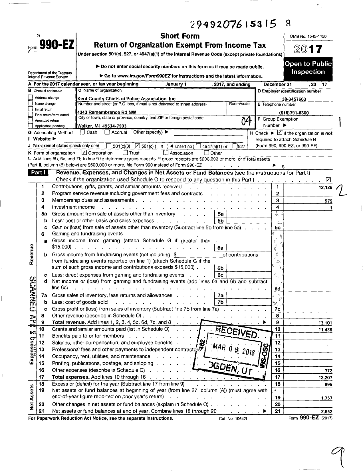 Image of first page of 2017 Form 990EO for Kent County Chief of Police Association