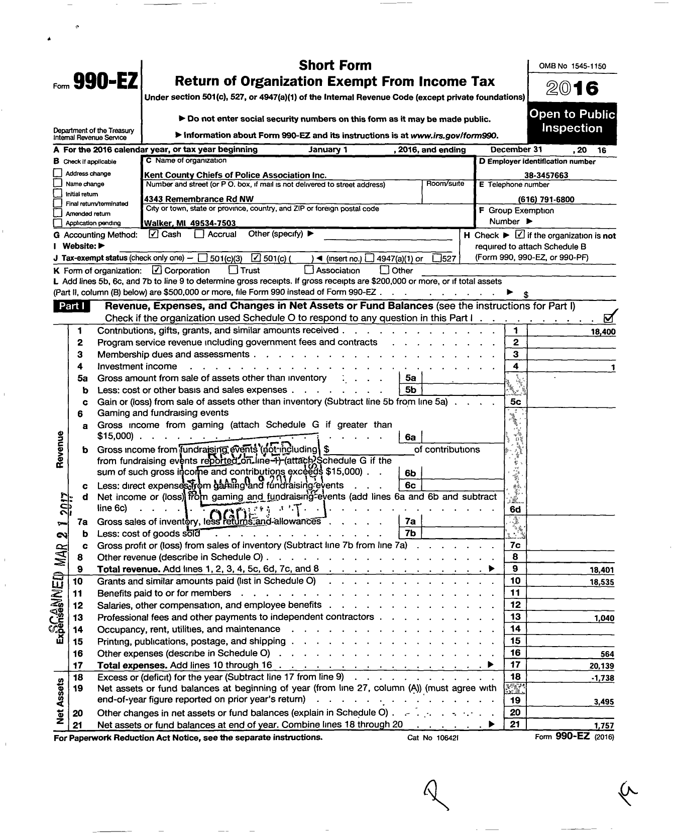 Image of first page of 2016 Form 990EO for Kent County Chief of Police Association