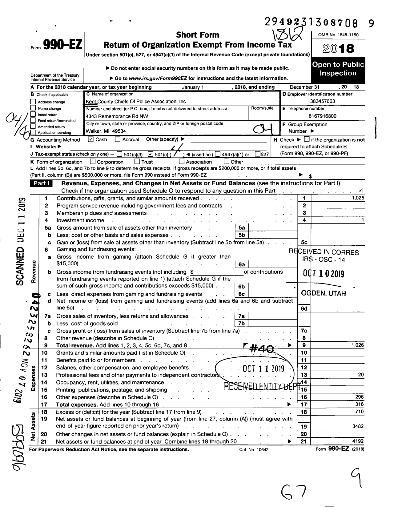 Image of first page of 2018 Form 990EO for Kent County Chief of Police Association