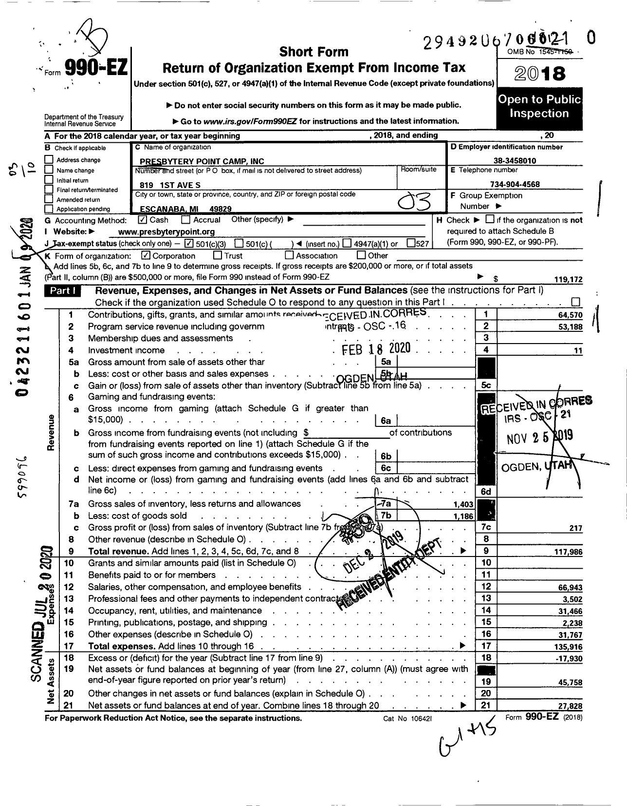 Image of first page of 2018 Form 990EZ for Presbytery Point Camp