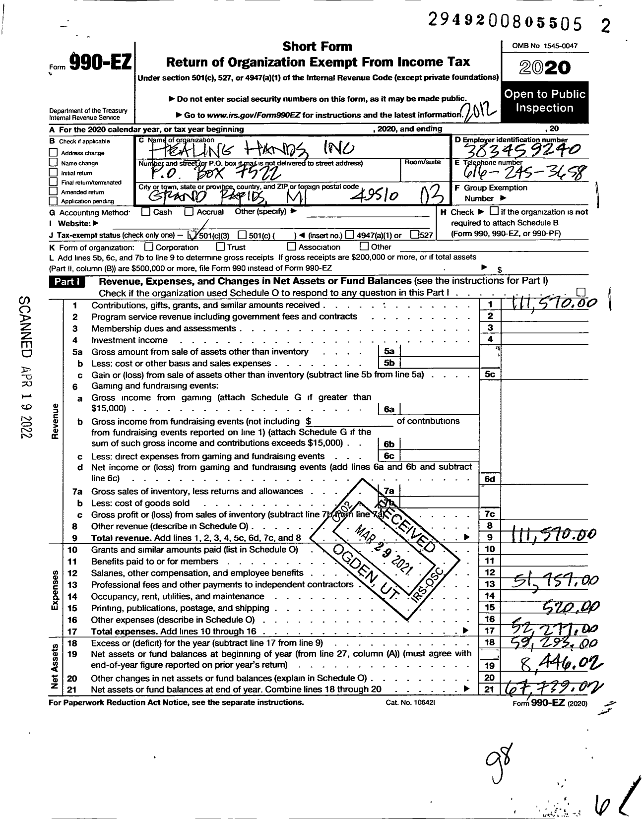 Image of first page of 2020 Form 990EZ for Healing Hands