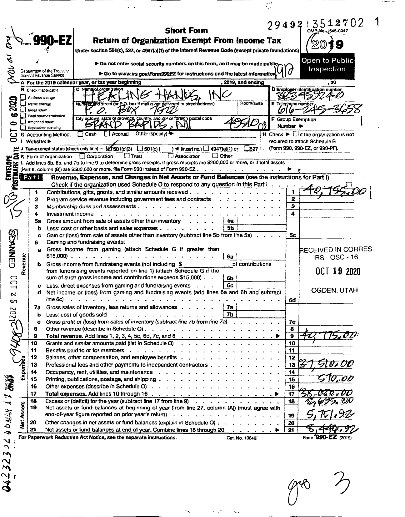 Image of first page of 2019 Form 990EZ for Healing Hands