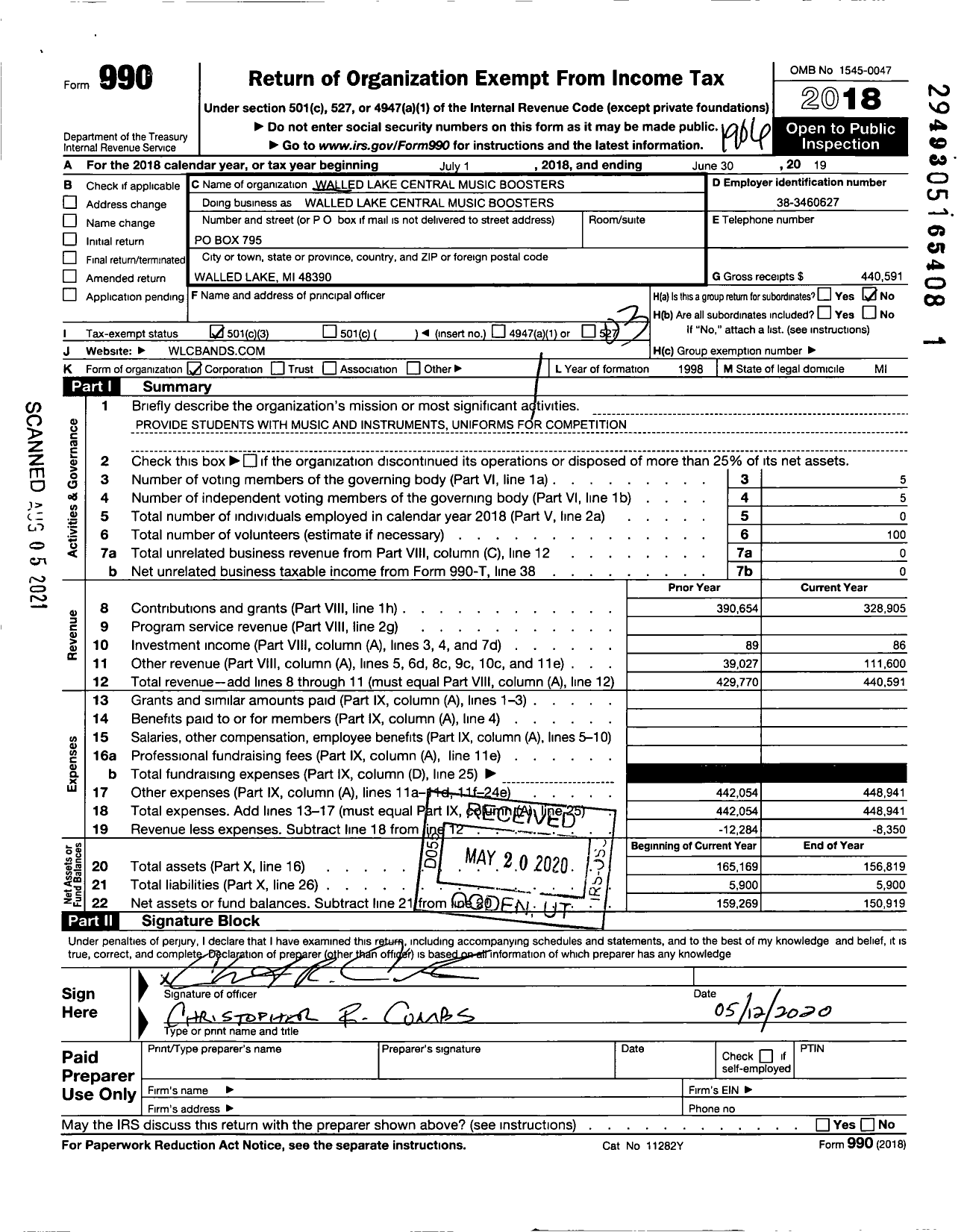 Image of first page of 2018 Form 990 for Walled Lake Central Music Boosters