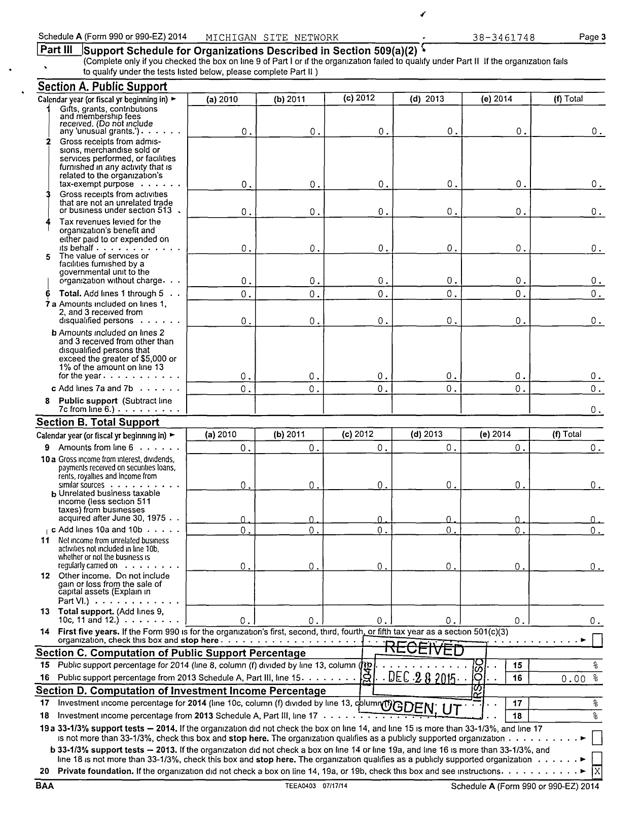 Image of first page of 2014 Form 990EZ for Michigan Site Network