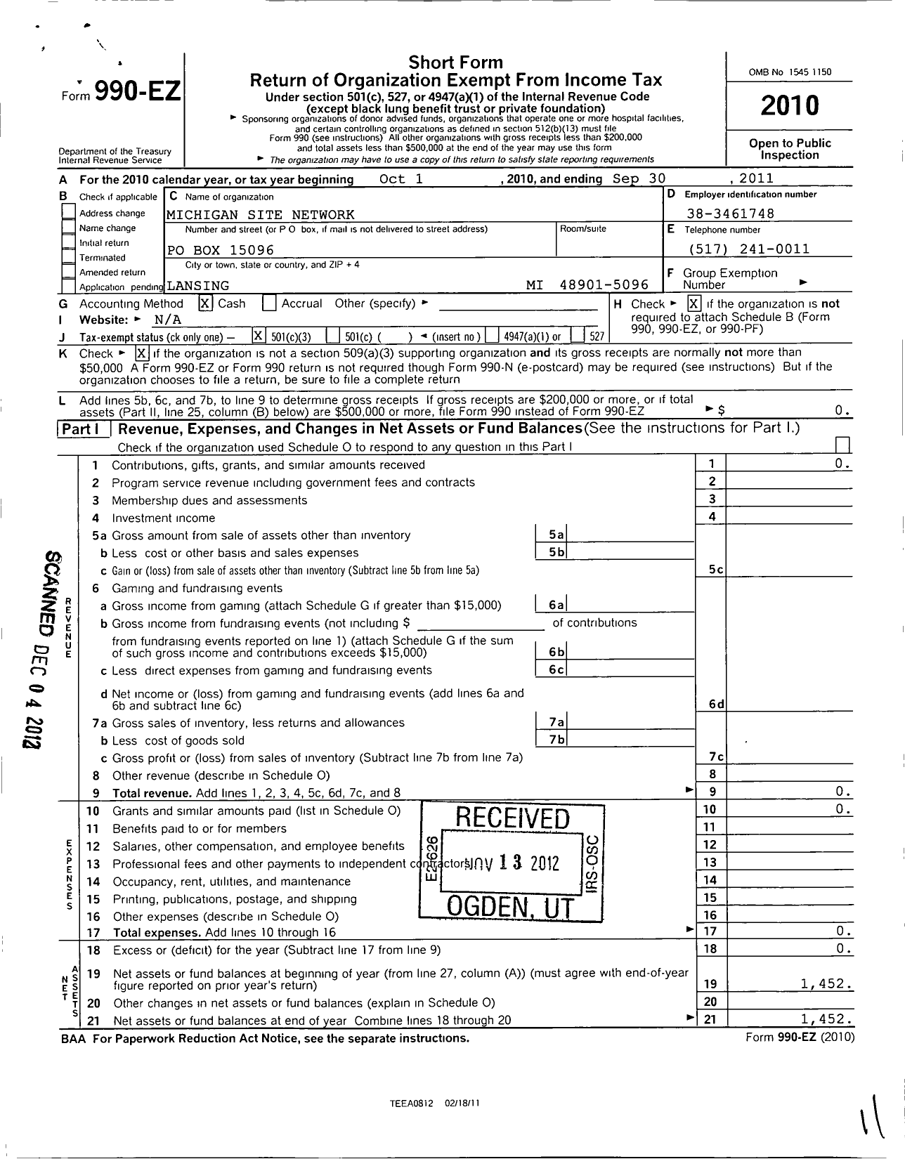 Image of first page of 2010 Form 990EZ for Michigan Site Network