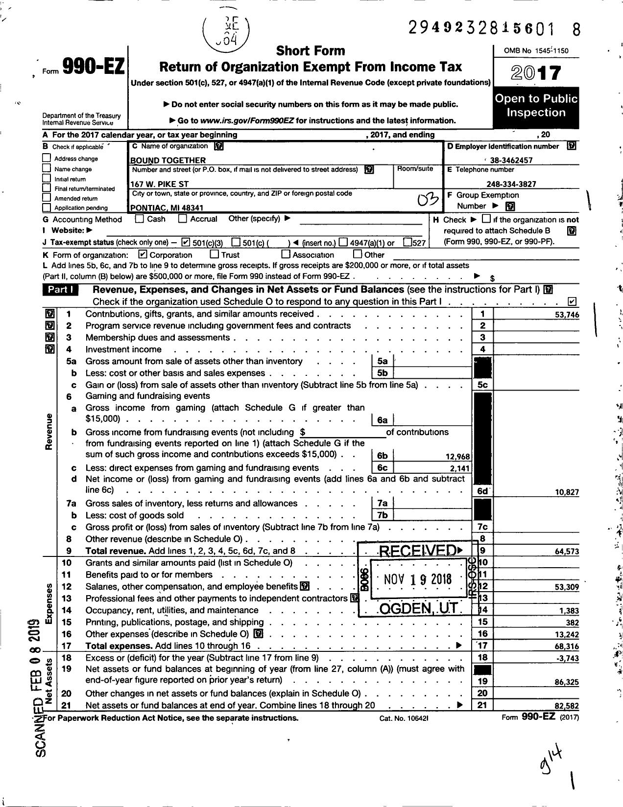 Image of first page of 2017 Form 990EZ for Bound Together