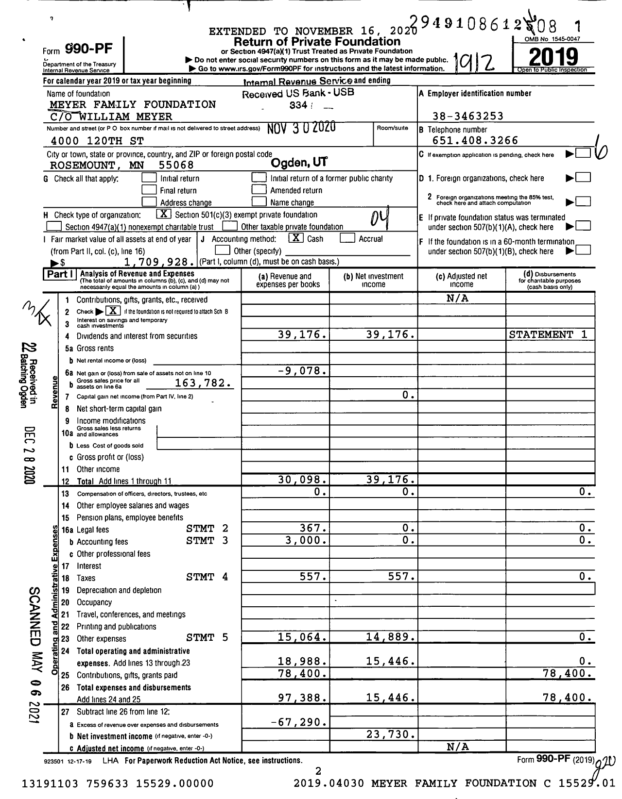 Image of first page of 2019 Form 990PF for Meyer Family Foundation