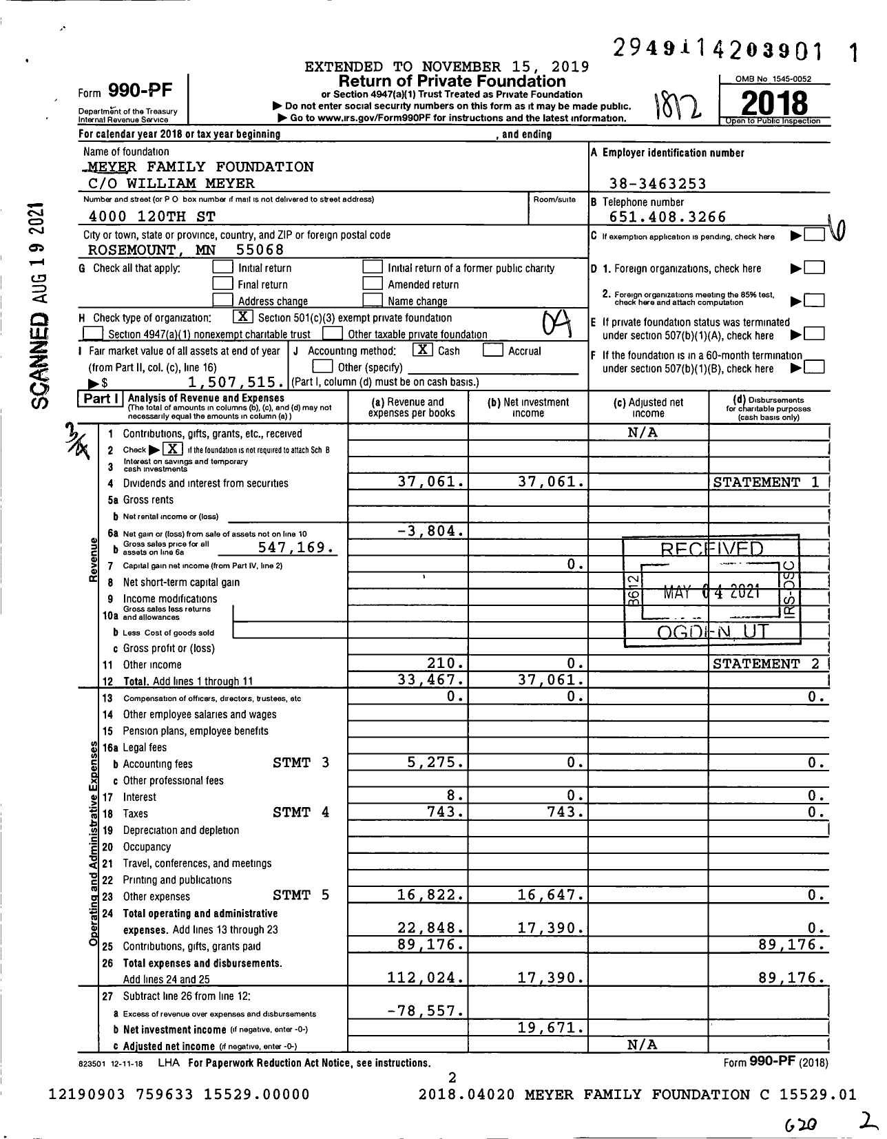 Image of first page of 2018 Form 990PF for Meyer Family Foundation