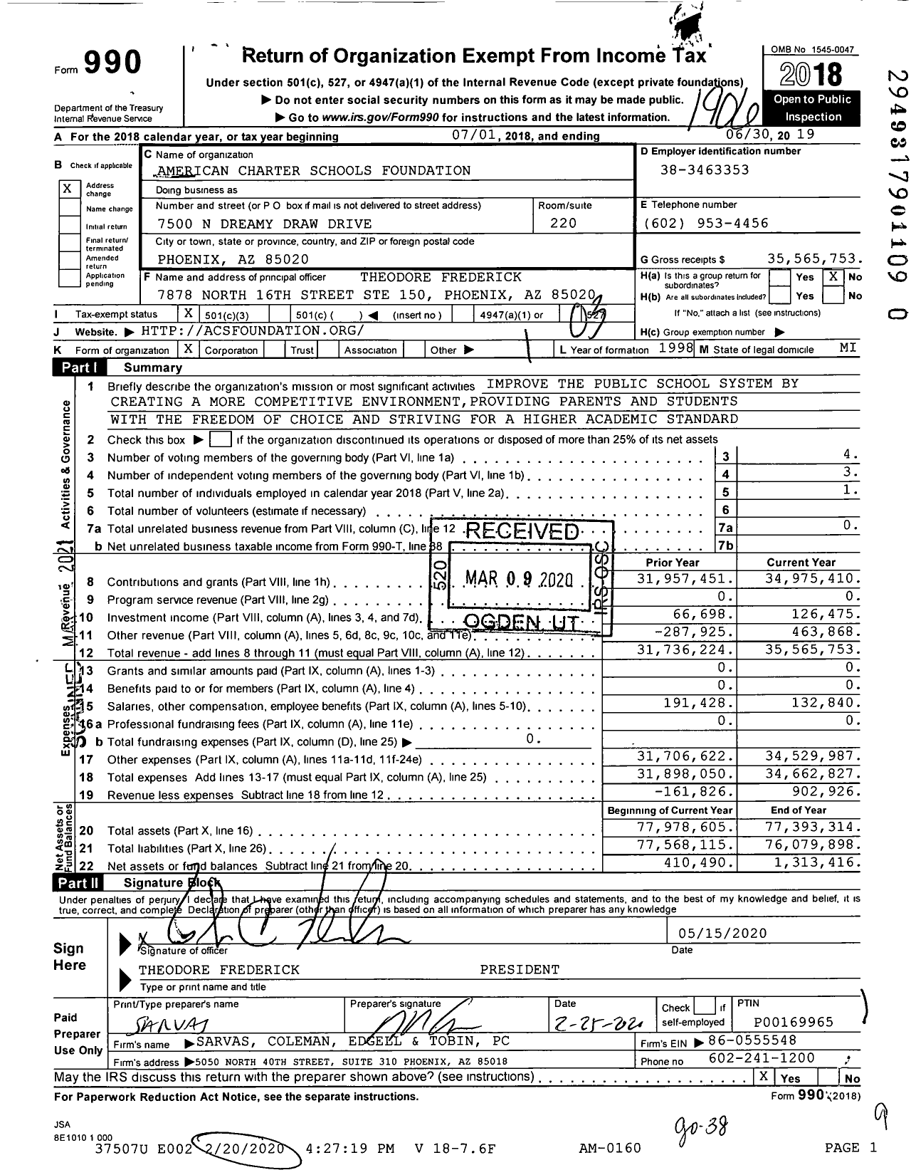 Image of first page of 2018 Form 990 for American Charter Schools Foundation (ACSF)