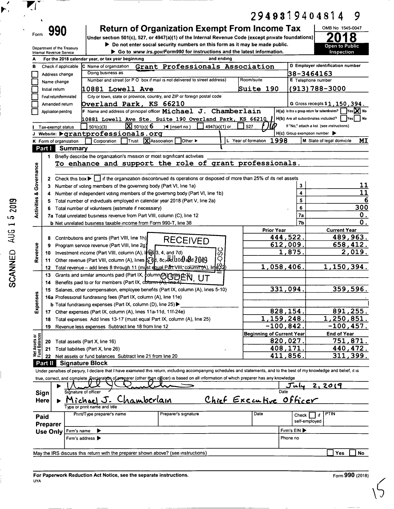 Image of first page of 2018 Form 990O for Grant Professionals Association (GPA)