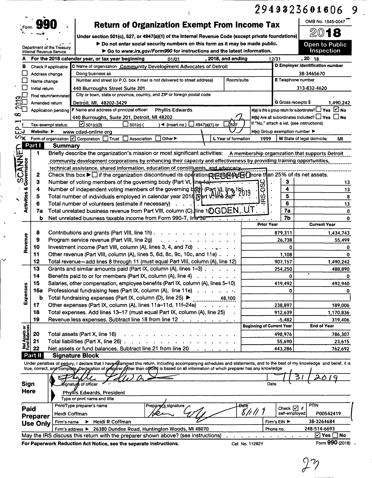 Image of first page of 2018 Form 990 for Community Development Advocates of Detroit