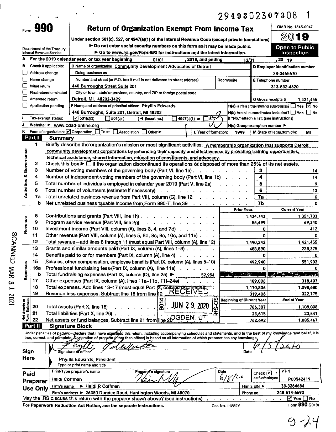 Image of first page of 2019 Form 990 for Community Development Advocates of Detroit