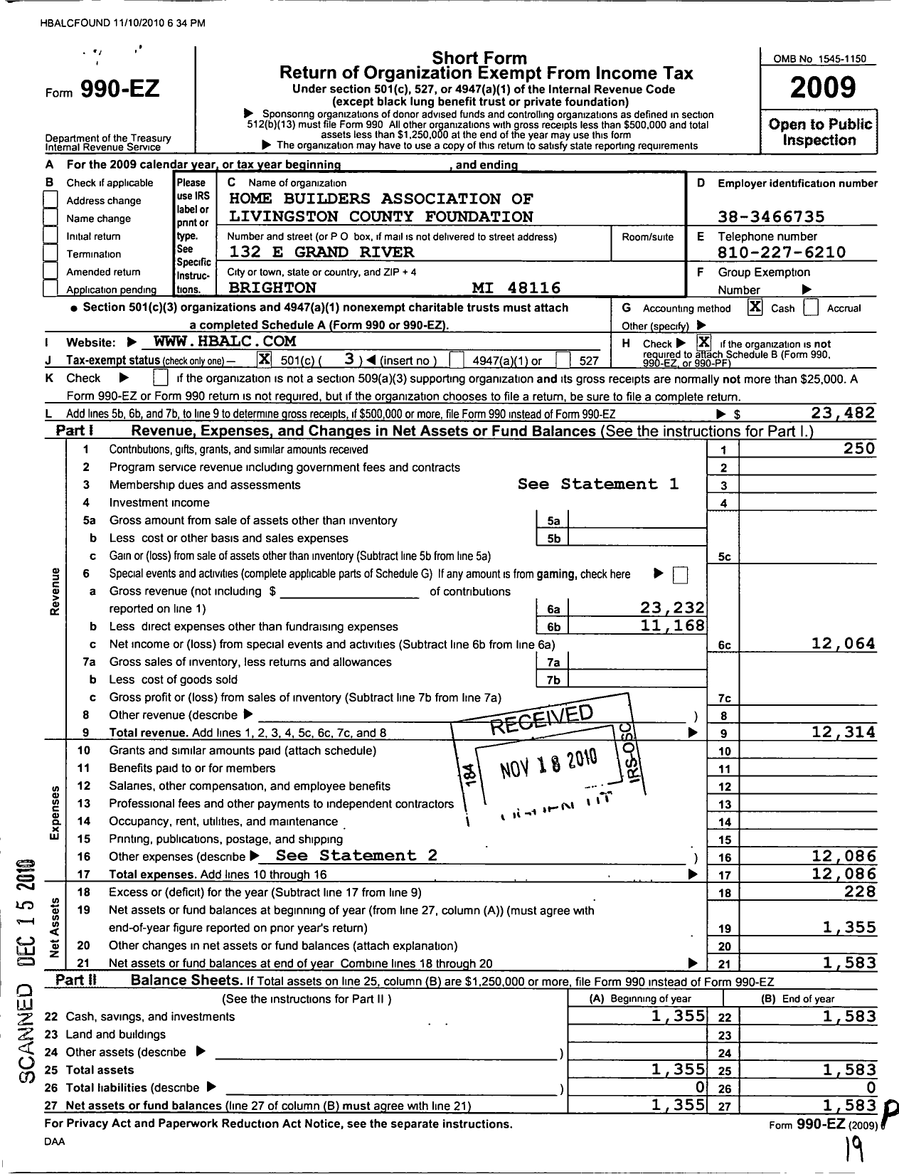 Image of first page of 2009 Form 990EZ for Home Builders Association of Livingston County Foundation