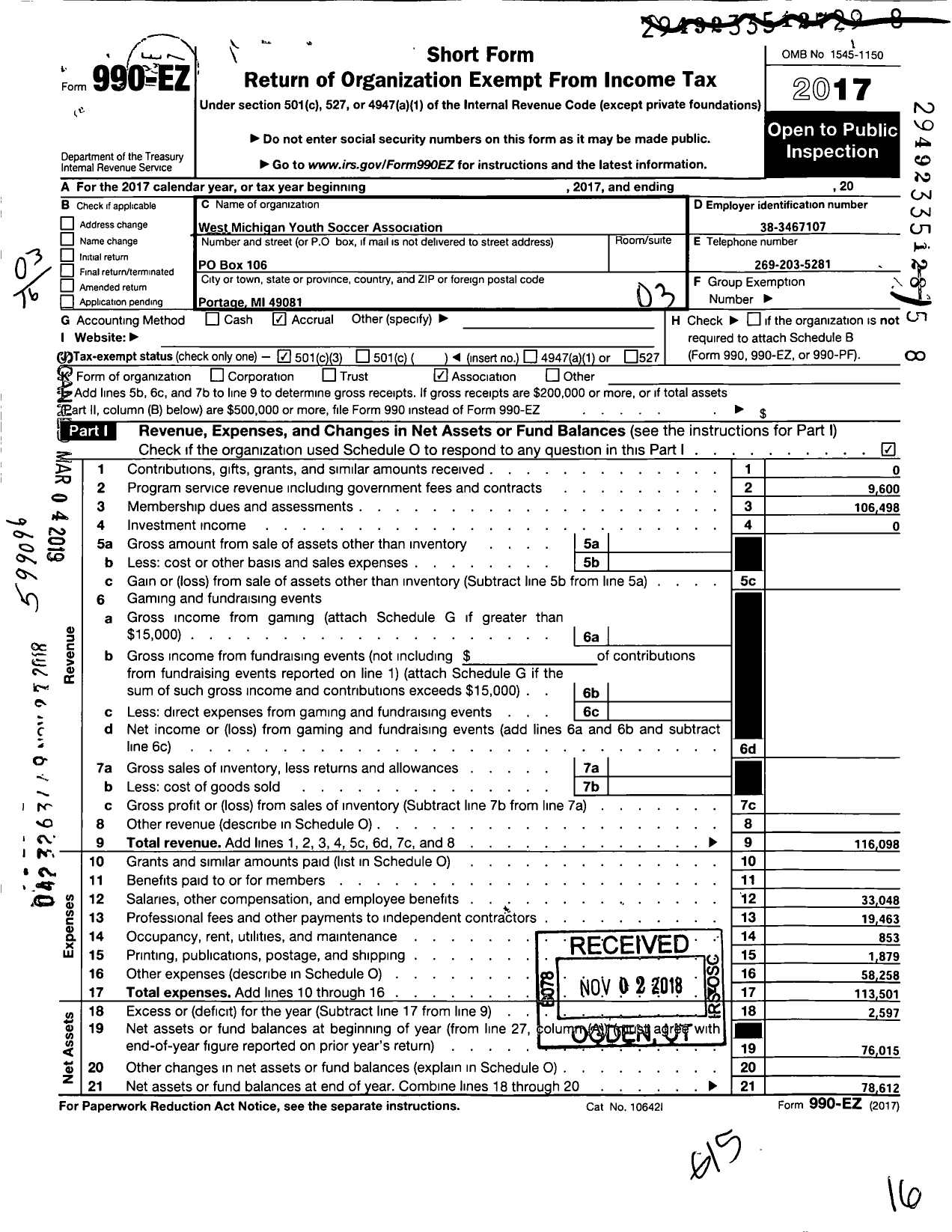 Image of first page of 2017 Form 990EZ for West Michigan Youth Soccer Association