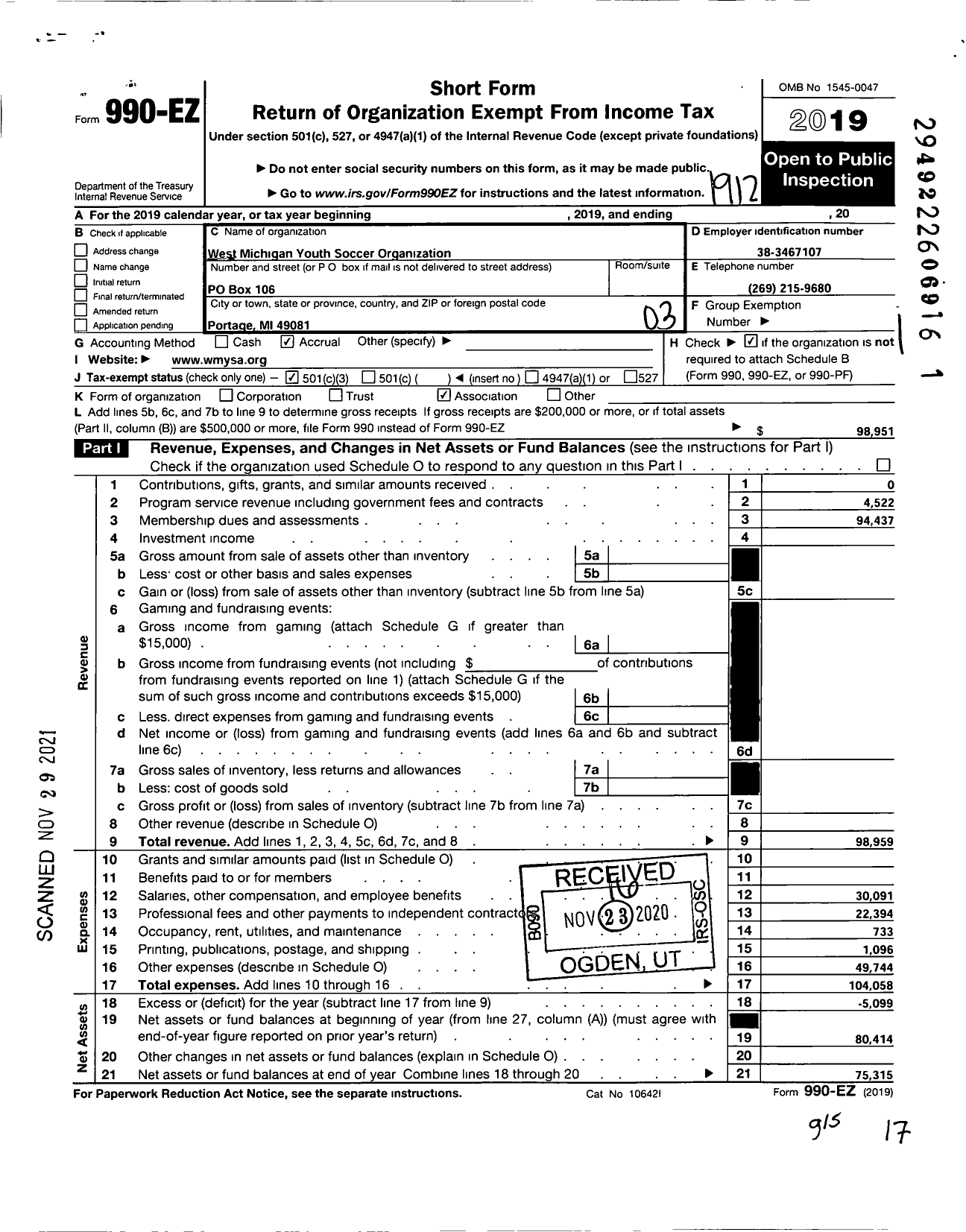 Image of first page of 2019 Form 990EZ for West Michigan Youth Soccer Association