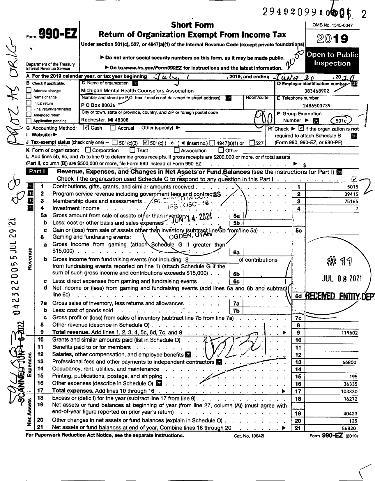 Image of first page of 2019 Form 990EO for Michigan Mental Health Counselors Association (MMHCA)