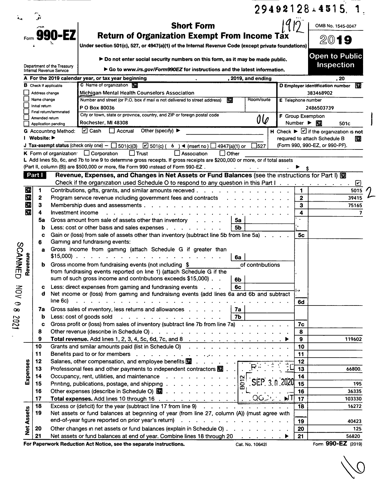 Image of first page of 2019 Form 990EO for Michigan Mental Health Counselors Association (MMHCA)