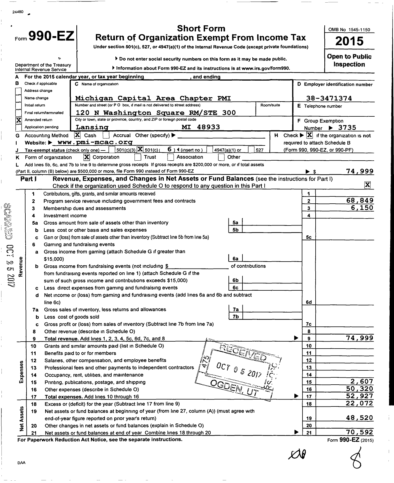 Image of first page of 2015 Form 990EO for Michigan Capital Area Chapter Pmi