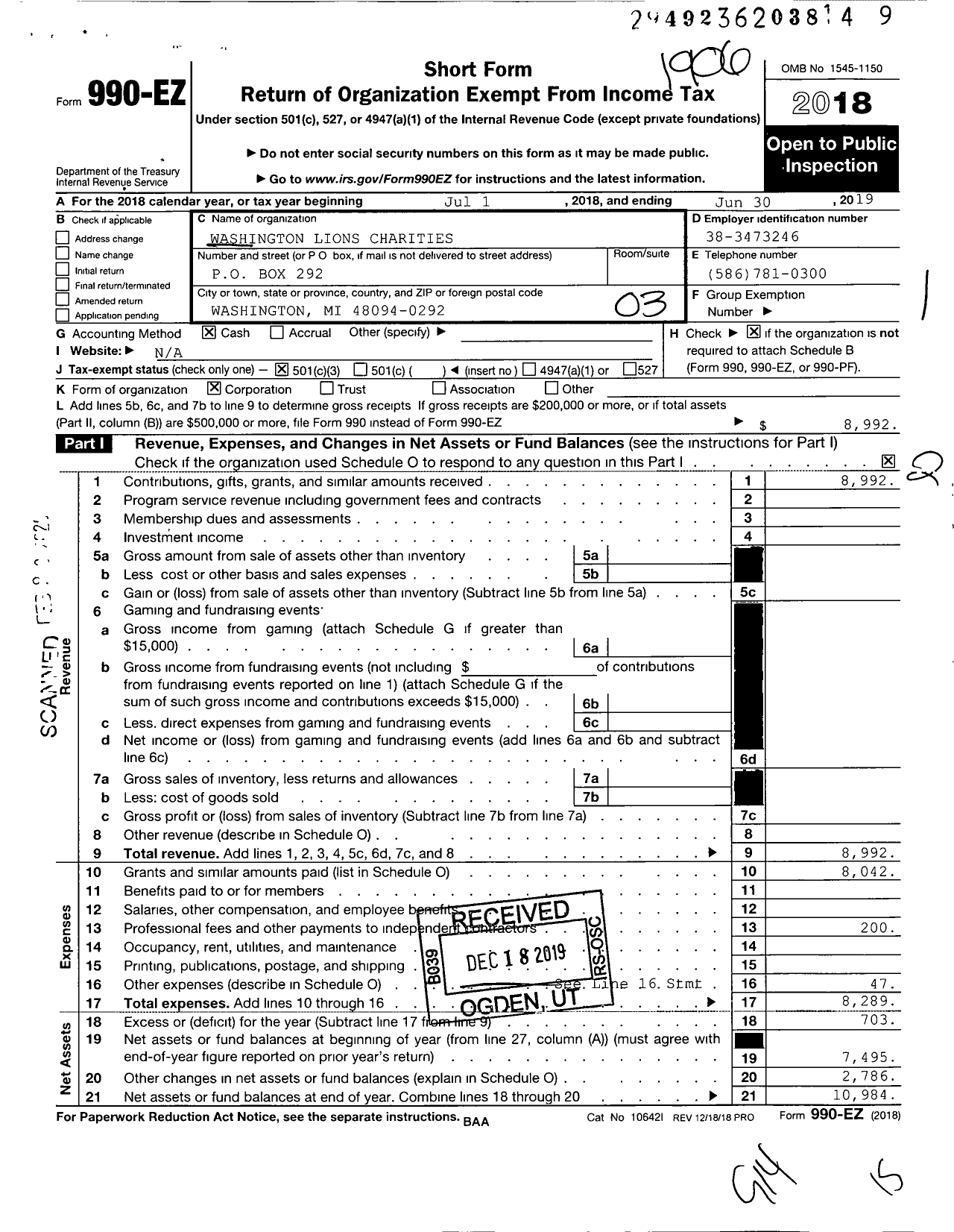 Image of first page of 2018 Form 990EZ for Washington Lions Charities