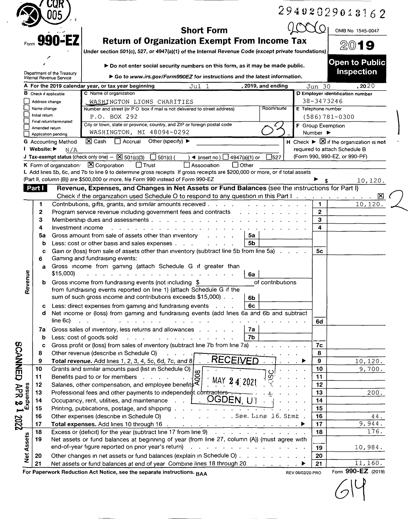 Image of first page of 2019 Form 990EZ for Washington Lions Charities