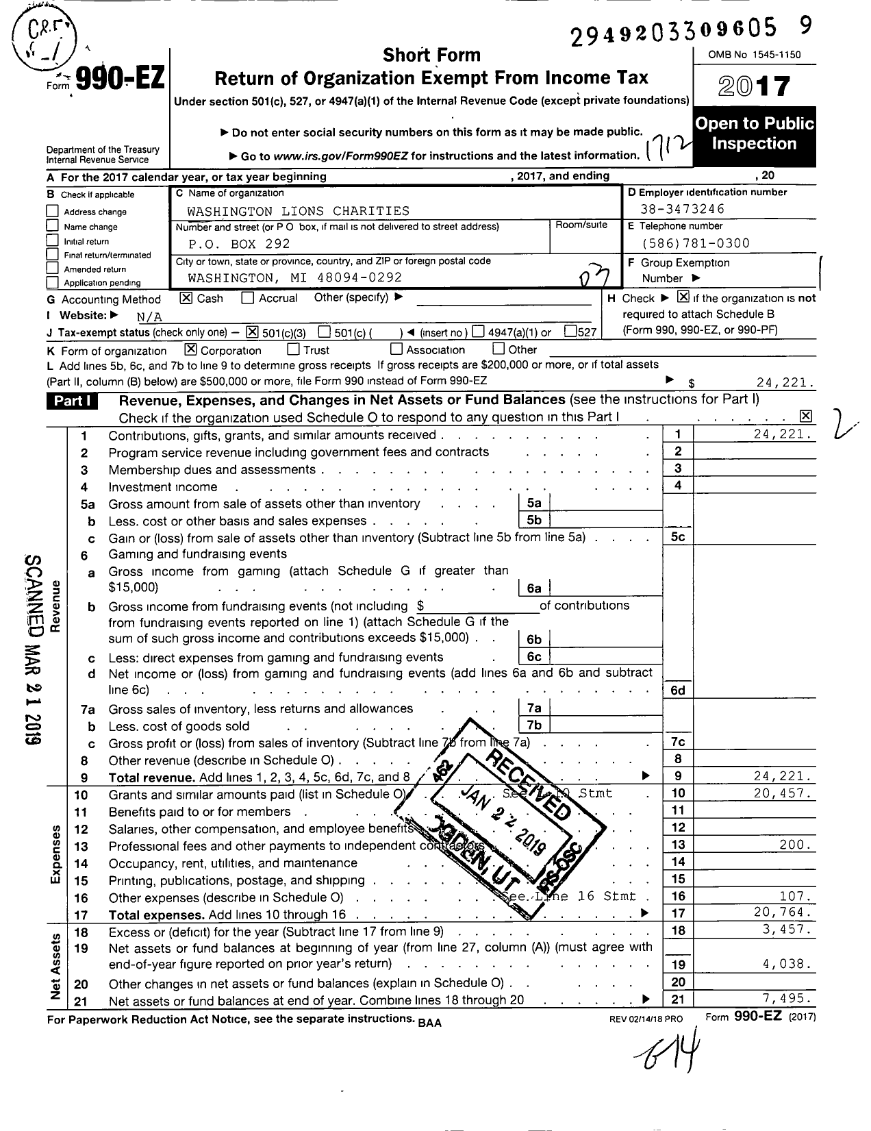 Image of first page of 2017 Form 990EZ for Washington Lions Charities