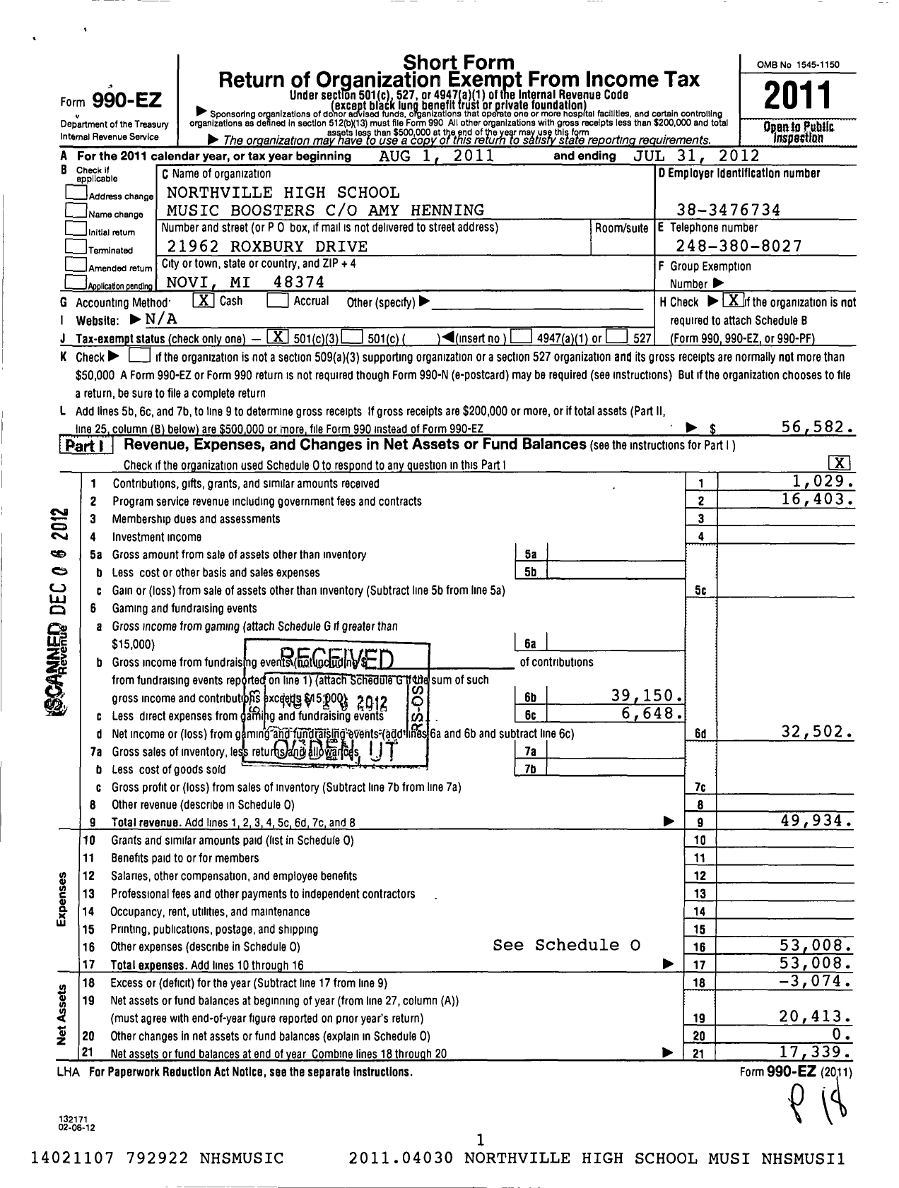 Image of first page of 2011 Form 990EZ for Northville High School Music Boosters