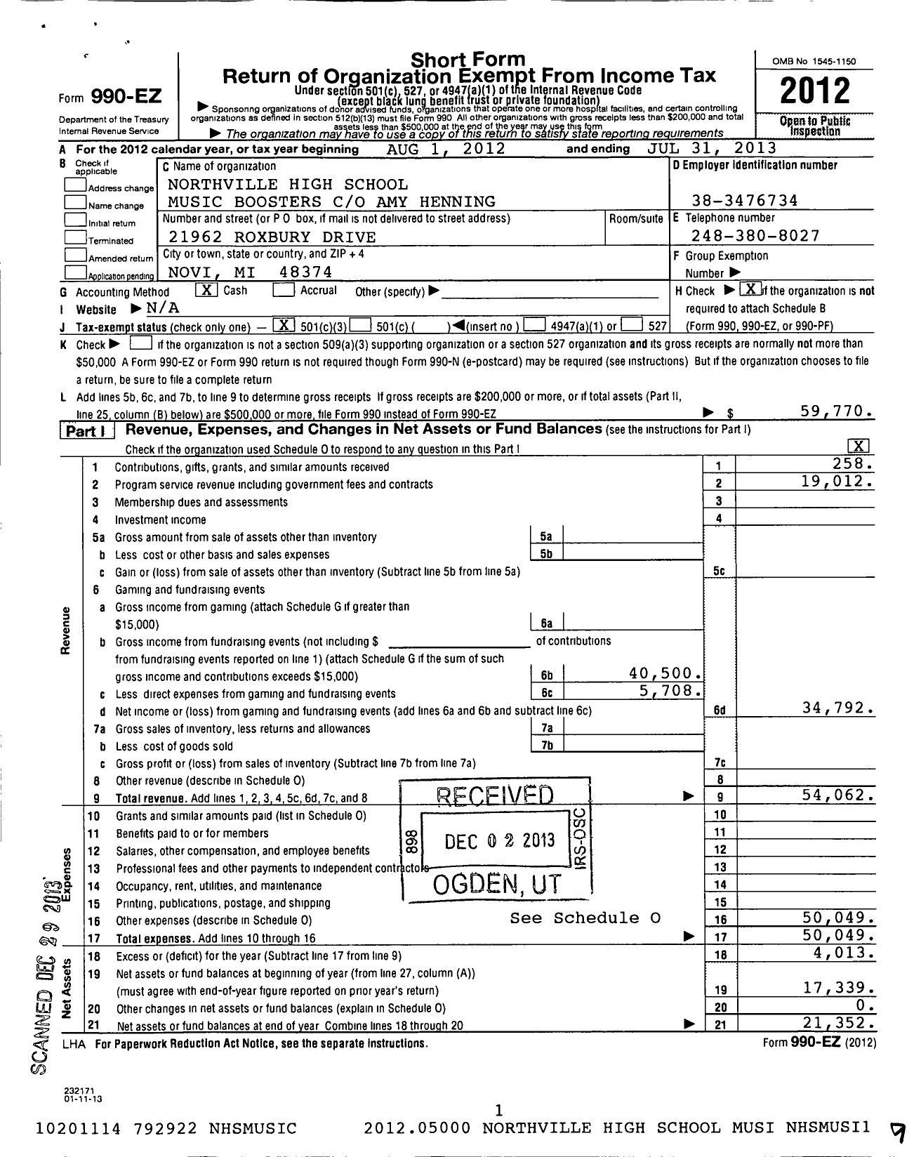 Image of first page of 2012 Form 990EZ for Northville High School Music Boosters