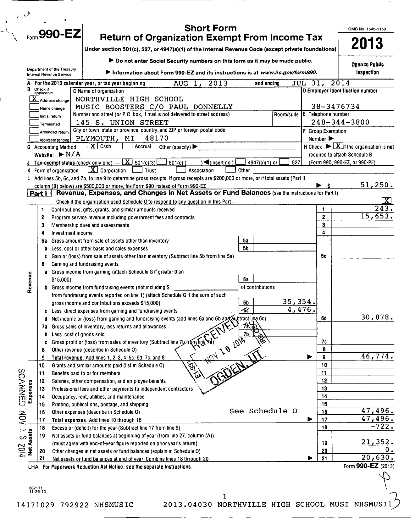 Image of first page of 2013 Form 990EZ for Northville High School Music Boosters