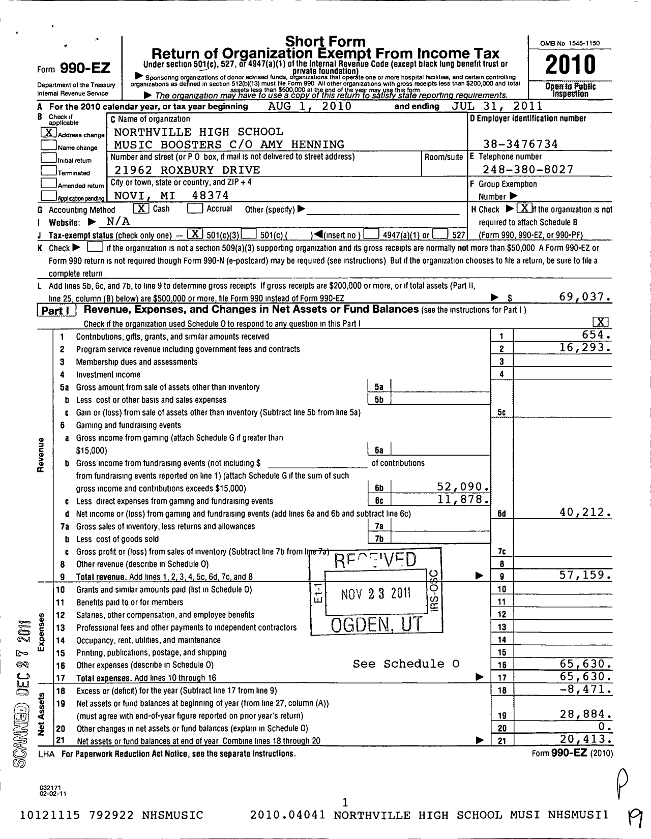 Image of first page of 2010 Form 990EZ for Northville High School Music Boosters