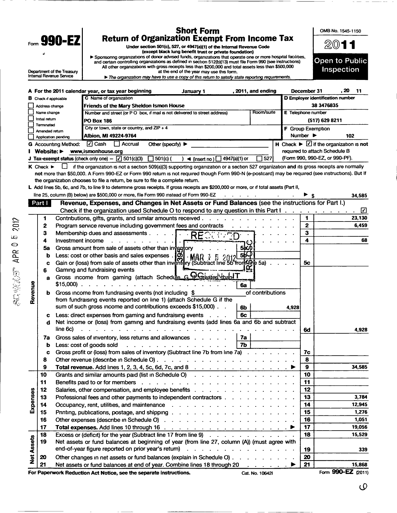 Image of first page of 2011 Form 990EZ for Friends of Mary Sheldon Ismon House