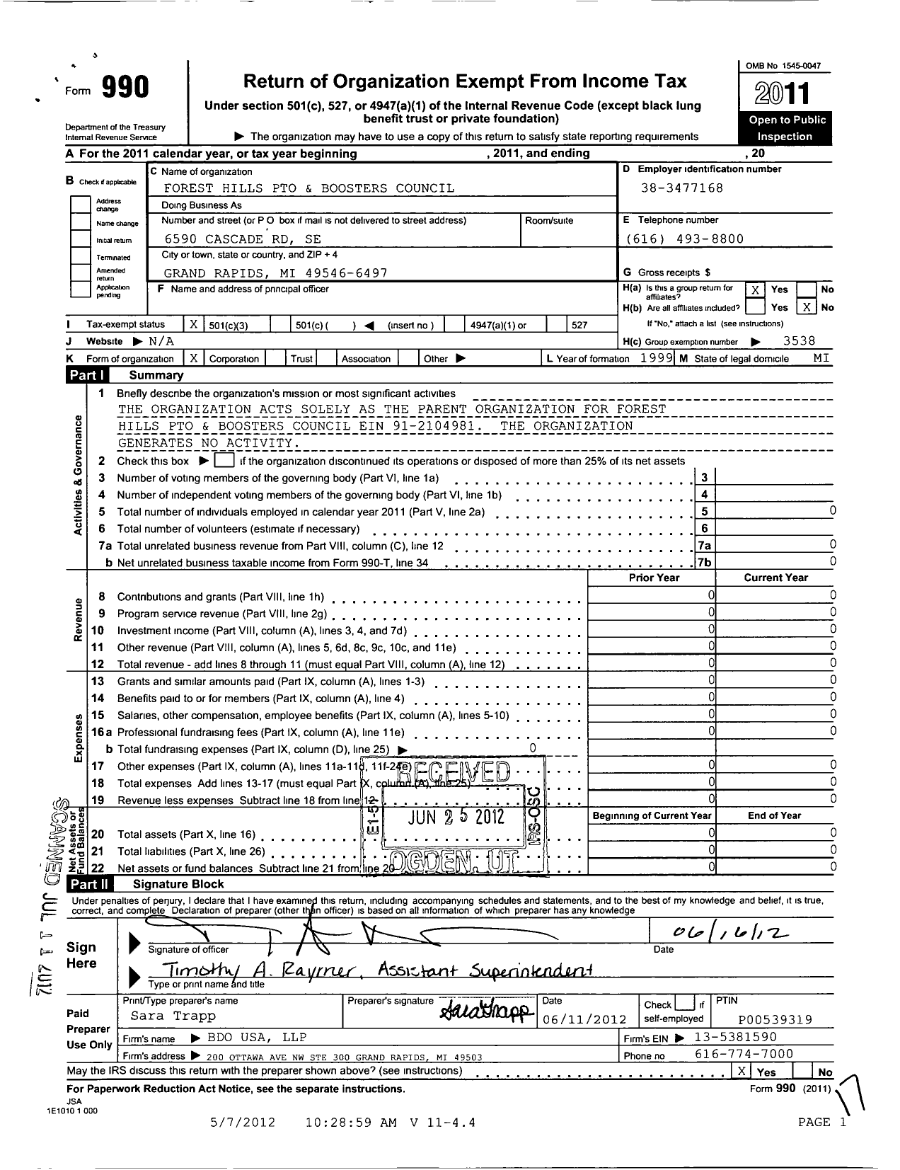 Image of first page of 2011 Form 990 for Forest Hills Pto and Boosters Council / Central Organization