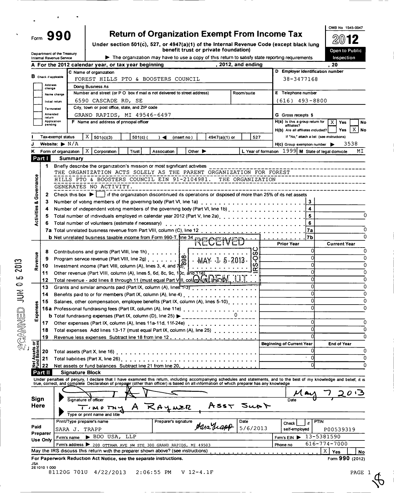 Image of first page of 2012 Form 990 for Forest Hills Pto and Boosters Council / Central Organization