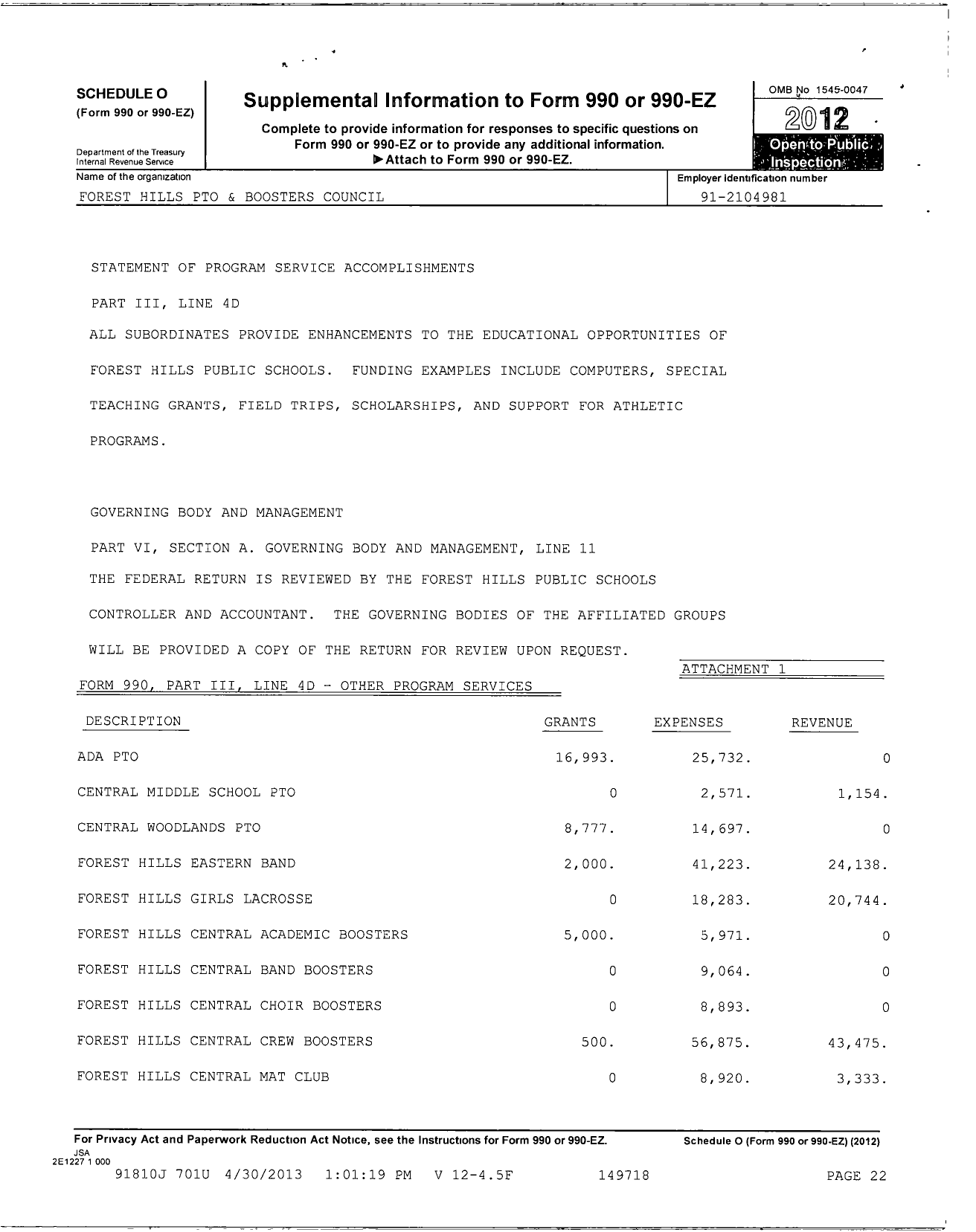 Image of first page of 2012 Form 990R for Forest Hills Pto and Boosters Council / Central Organization